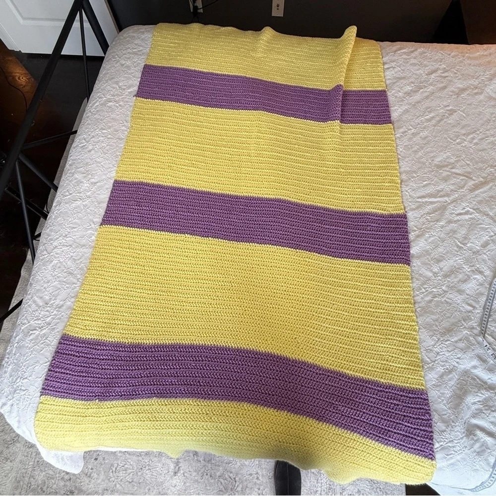 Handmade Afghan Blanket Yellow Purple Crochet Boho Throw Granny 68x40 Couch